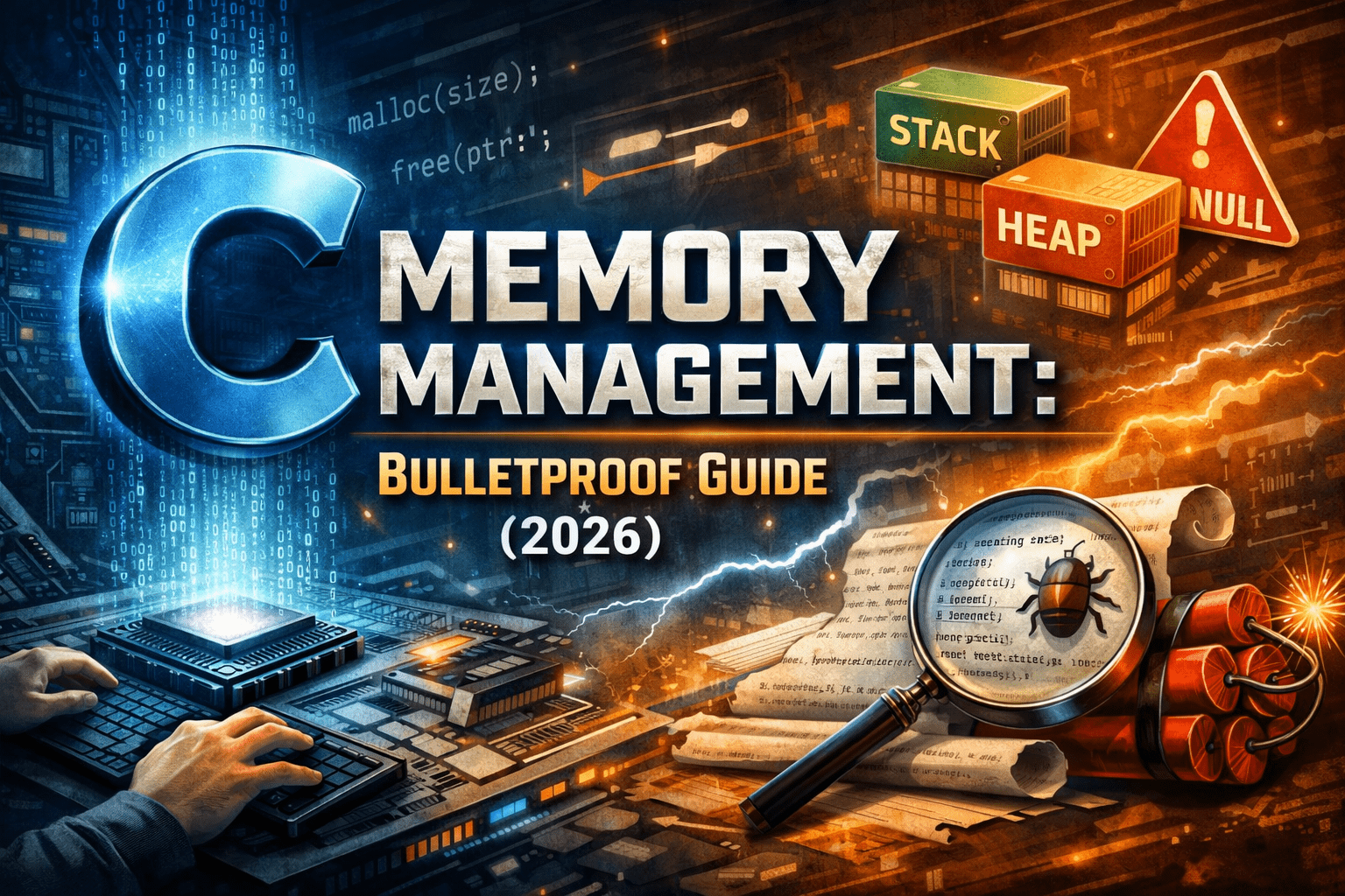 C memory management diagram showing stack and heap allocation flow in a C program